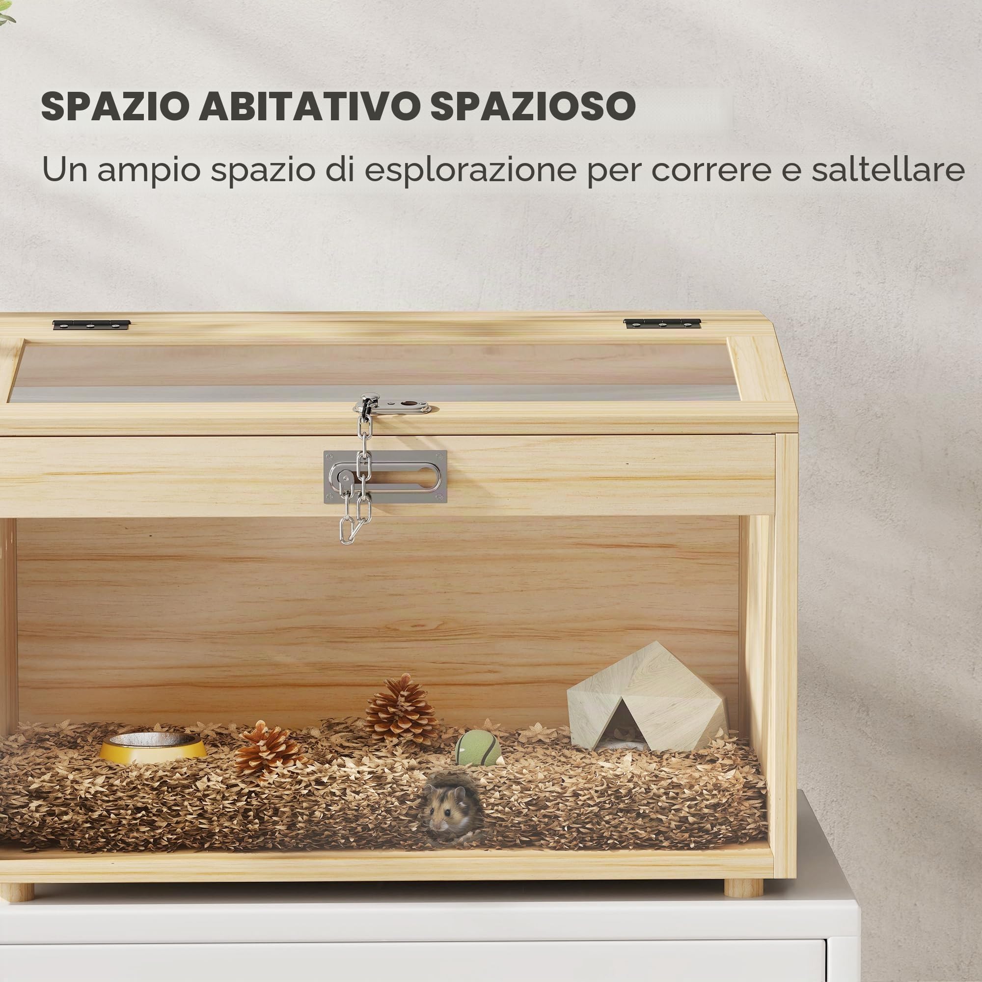 PawHut Gabbia per criceto in legno, Gabbia per topi con coperchio apribile, finestra in acrilico e fori di ventilazione per criceti nani e gerbilli, 55 x 35 x 35 cm, effetto legno naturale