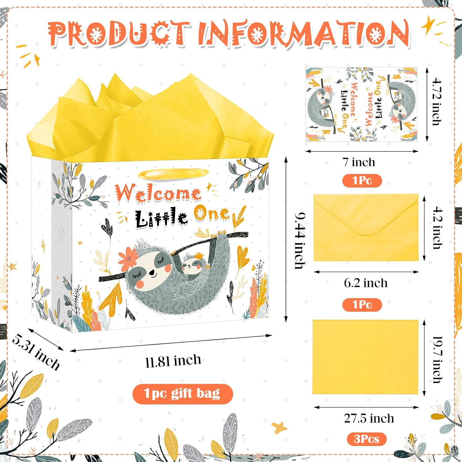 bigniuzi Sloth Baby Shower Paper Gift Bag for Girls Boys with Tissue Paper and Greeting Card Sloth Baby Shower Wrapping Paper for Party Supplies Yellow - Image 2