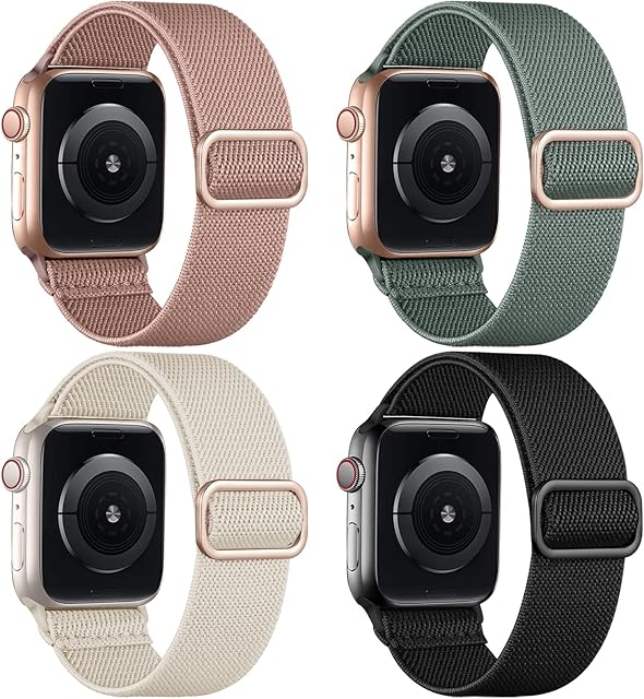 Oielai 4 Pack Solo Loop Straps Compatible with Apple Watch Straps 41mm 38mm 40mm, Sport Stretchy Nylon Strap for iWatch Series 8/7/SE/6/5/4/3/2/1, Light Pink/PineGreen/Black/Beige
