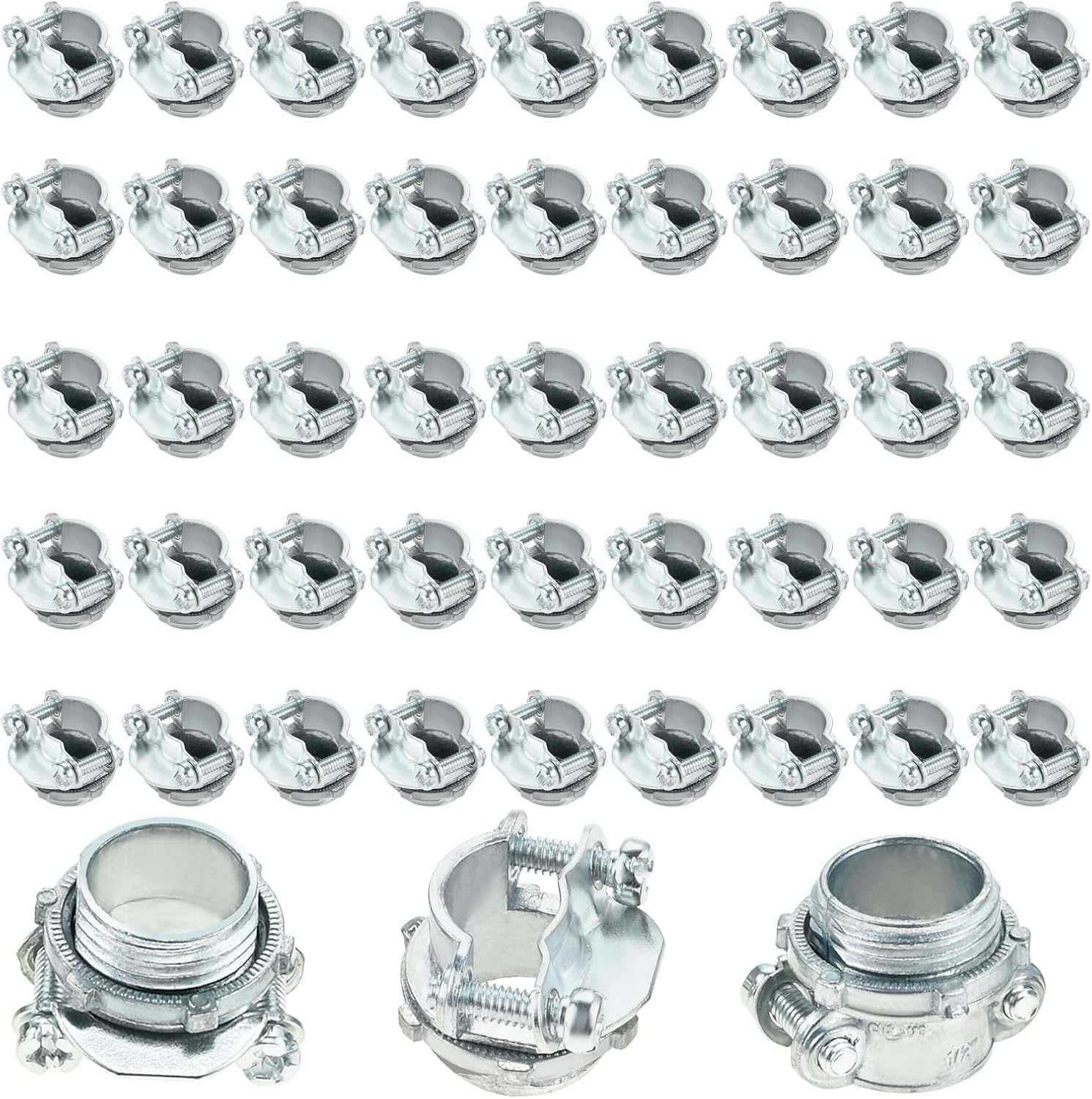 50 Pack 1/2" Clamp Type Cable Connectors, Silver-Zinc Heavy-Duty Cable Connector Fittings for Metallic Conduit Protect Cables Electric Wires
