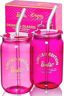 Dragon Glassware x Barbie Drinking Glasses - Pink and Magenta - 16 oz Can Shaped Glass Cups with Lids and Straws Set of 2 - Iced Coffee Cups with Lids - Glass Tumbler with Straw and Lid