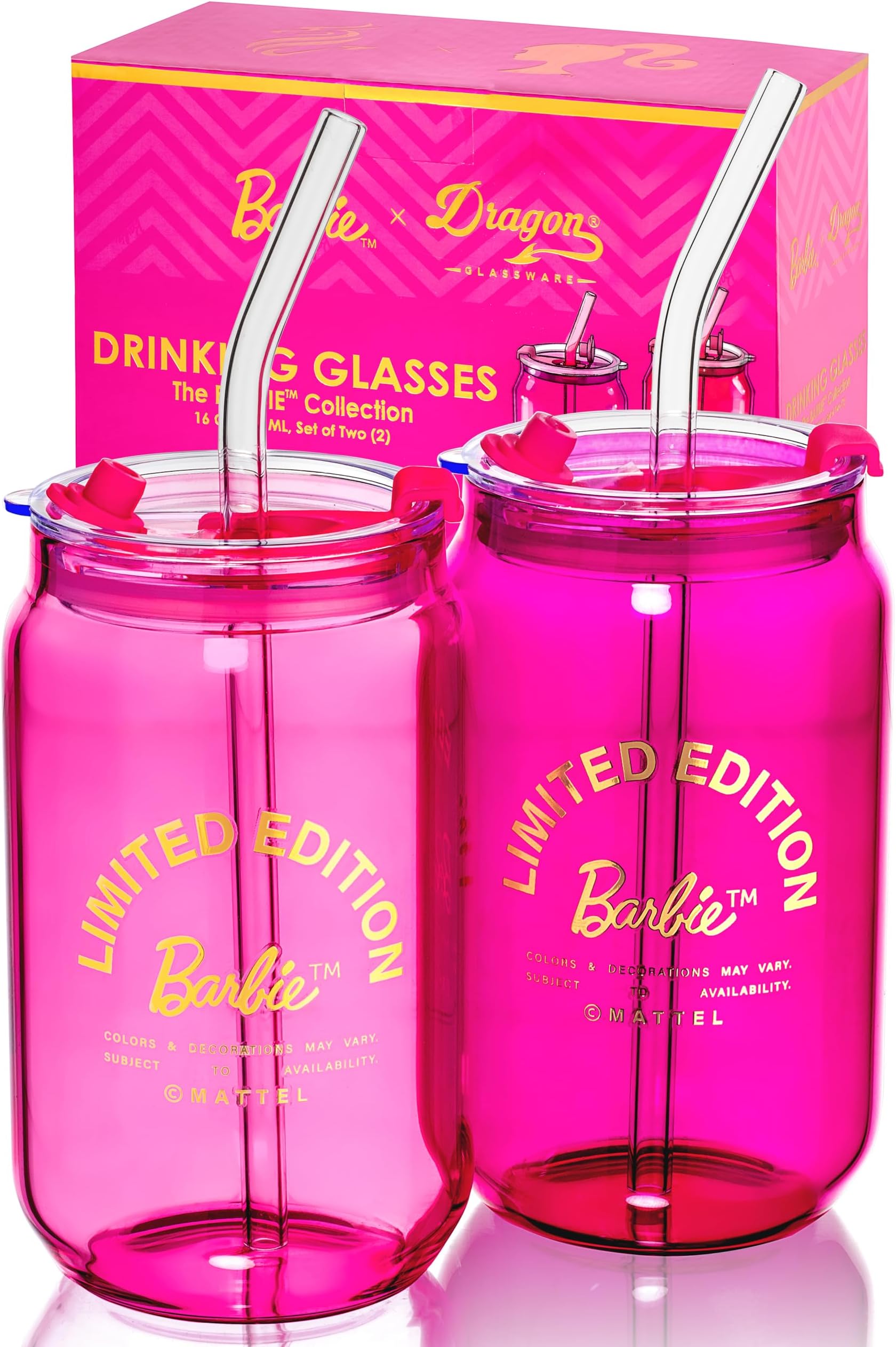 Dragon Glassware x Barbie Drinking Glasses - Pink and Magenta - 16 oz Can Shaped Glass Cups with Lids and Straws Set of 2 - Iced Coffee Cups with Lids - Glass Tumbler with Straw and Lid