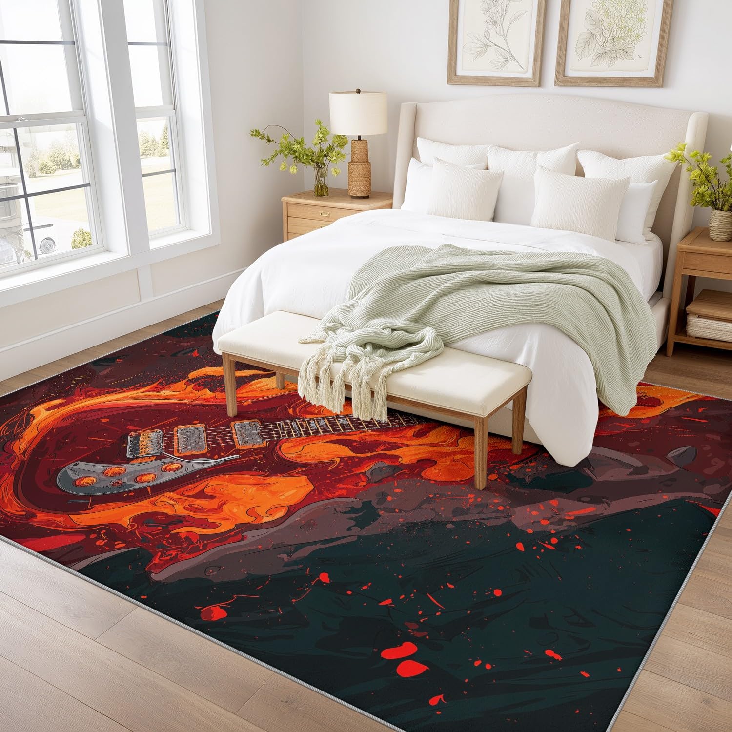 Générique Tappeto lavabile in lavatrice, soggiorno, 140 x 200 cm, tappeto rock musica a pelo basso, morbido, antiscivolo, esplosivo, chitarra, fiamme, camera da letto, cucina, ingresso sala relax