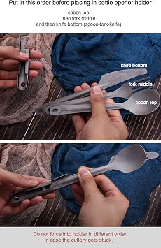 Boundless Voyage Utility Cutlery Set Titanium Spoon Fork Knife & Bottle Opener for Travel Camping in Easy to Store Cloth Case Ti1066T