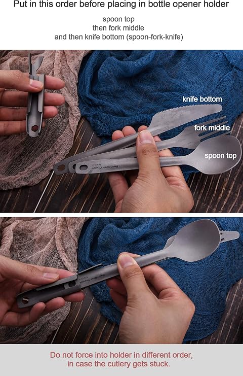 Boundless Voyage Utility Cutlery Set Titanium Spoon Fork Knife & Bottle Opener for Travel Camping in Easy to Store Cloth Case Ti1066T