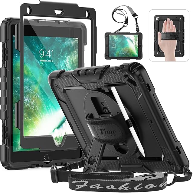 Timecity Case for iPad 6th/ 5th Generation, iPad Pro 9.7 Case, iPad Air 2 Heavy Duty Shockproof Bumper Case with Screen Protector, Rotating Stand, Hand Strap, Pencil Holder for iPad 9.7 inch-Black