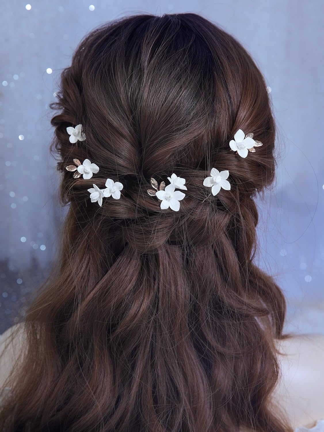 Handmade Bridal Wedding Hair Pins 7 Pcs Polymer Clay White Flower Hair Clips Gold Wedding Hair Accessories for Women Bride Bridesmaid - Image 3