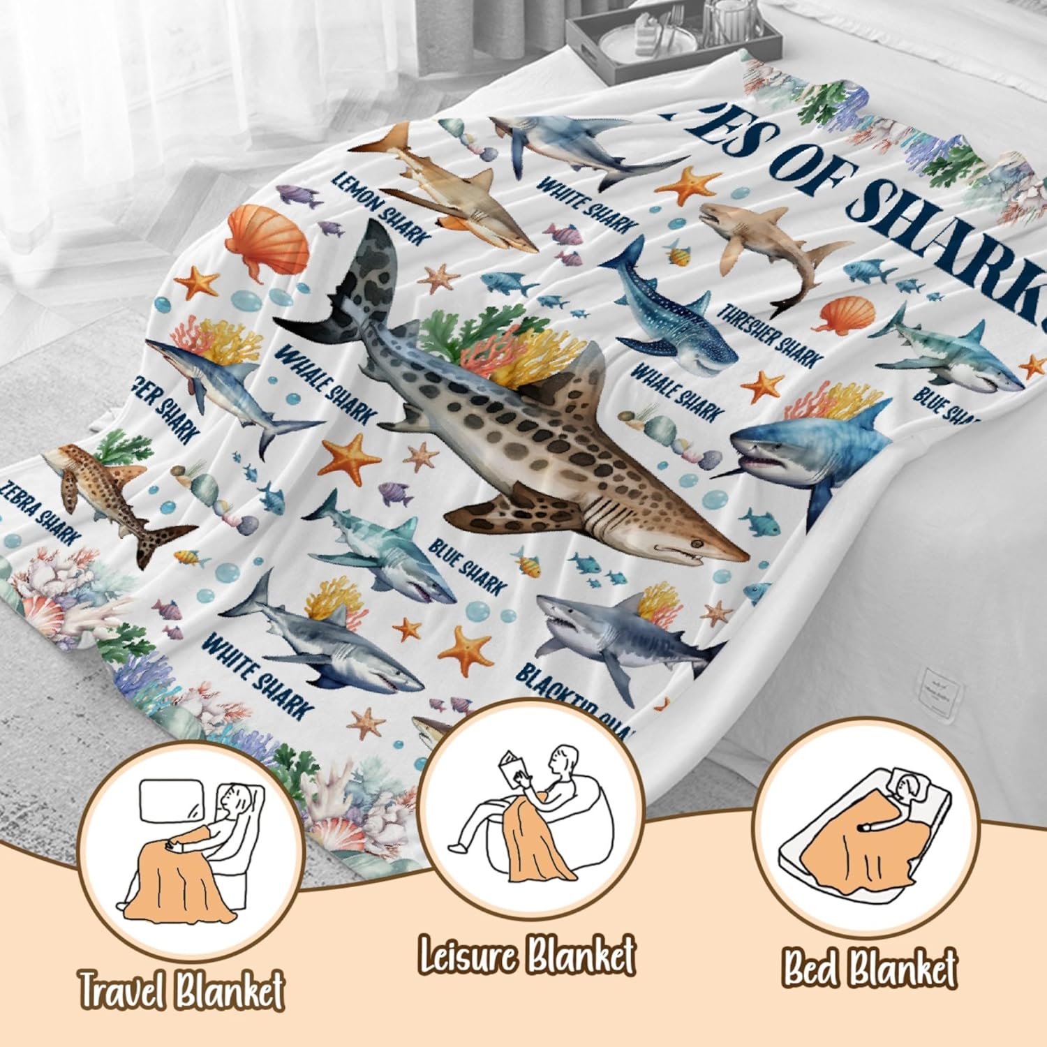 Shark Blanket for Shark Lovers,Types of Shark Gift for Boys Girls,Ultra Soft Throw Blanket for Couch Sofa Bed,Ocean Animal Printed Decor Gift,50"x60"-Full Size