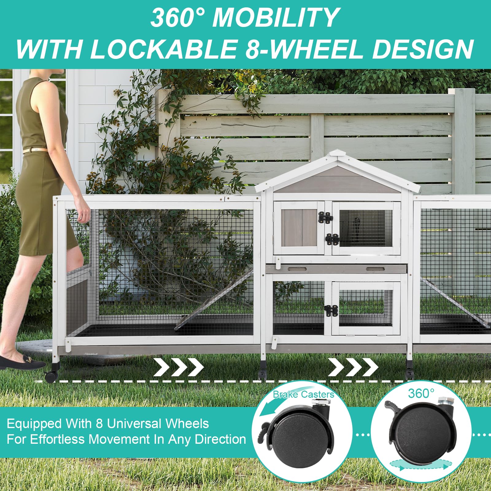 2-Tier Rabbit Hutch with Wheels, Indoor & Outdoor Small Animal Cage with Deep Pull-Out Tray, Anti-Chew Frame, Habitat for Bunny, Guinea Pig, Chinchilla (93" L x 19" W x 35" H)