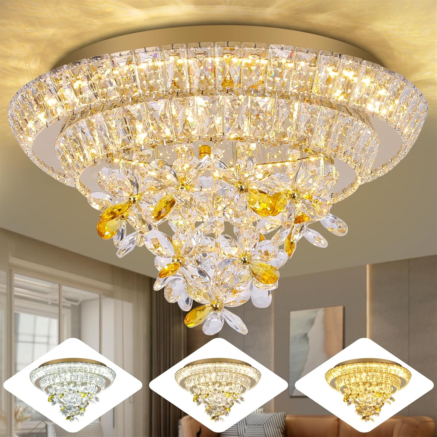 Gold Crystal Chandelier, 18 inch Flush Mount Crystal Ceiling Light with Remote Control, Modern Chandeliers 3CCT Dimmable LED Chandelier Light Fixtures for Entryway Bedroom Living Room Hallway Foyer