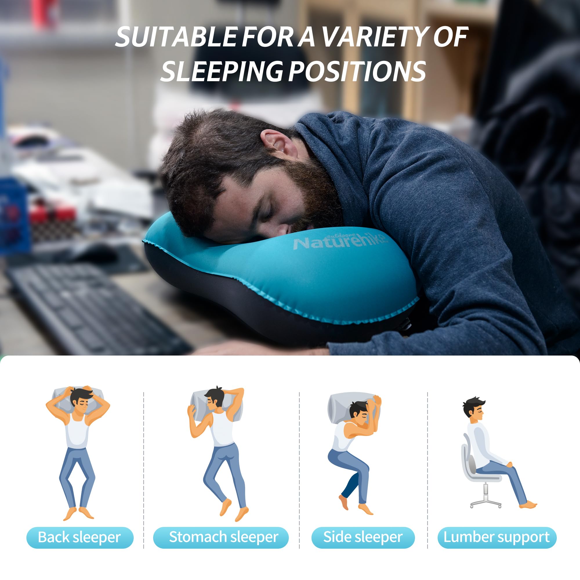 Naturehike Almohada hinchable de viaje de TPU ultraligera, cojín cervical en forma de U para acampar al aire libre, cojín de viaje portátil con soporte óptimo, ideal para viajes y dormir