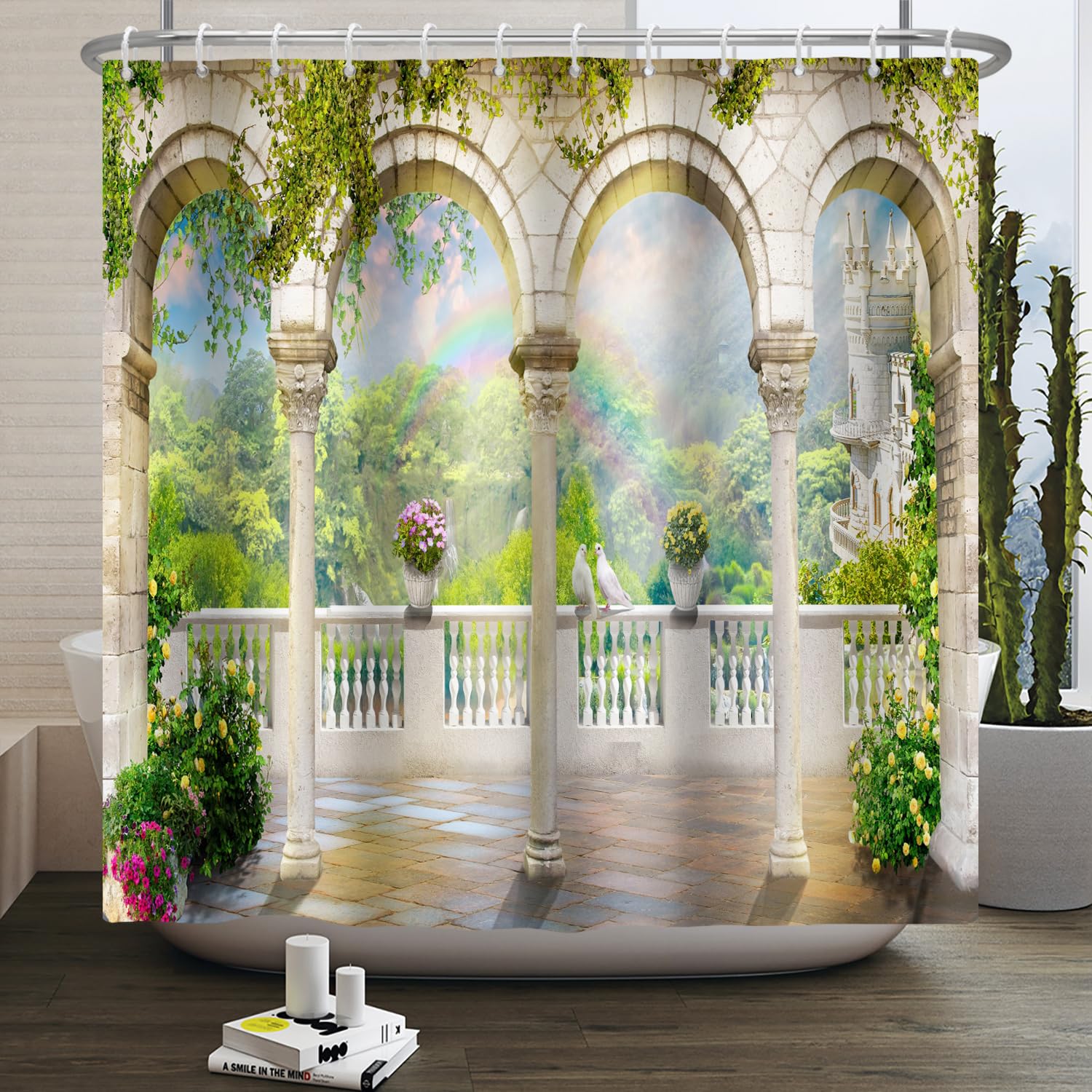 SDOTPMT 41x63inch Garden Arched Door Shower Curtain,3d Fairy Castle Bath Curtain Wonderland,Beautiful Royal Princess Bathroom Bathtub Curtain,Quick-Drying, Waterproof Fabric Polyester with Hooks — image 1