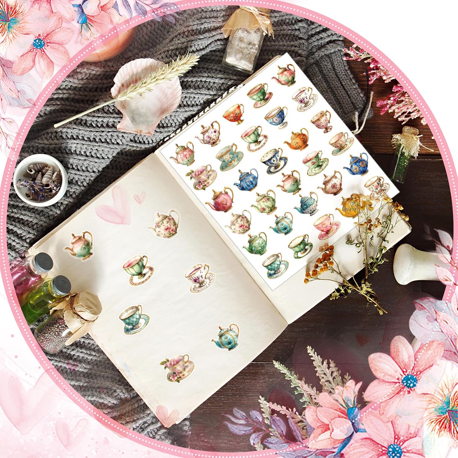 Humyoun 300 Pcs Vintage Tea Cup Stickers, Tea Pot and Cup Mini Decals image 5