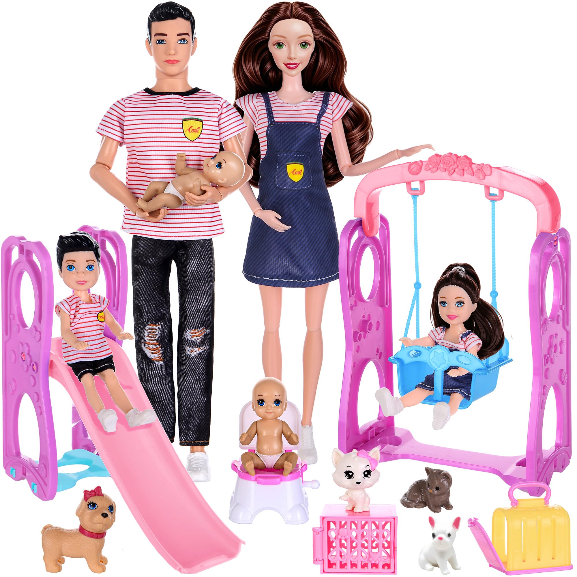 ebuddy Family Dolls Playset Include Total 6pcs People: 11.5 inch Pregnant Mom, Dad, a Small Baby in Mommy's Tummy and Two Kids,one Baby with Accessories Like Pets, Swing, Slid Present for Kids 3+