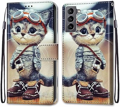 Galaxy S22 Case Flip Type Cute Galaxy SC-51C Mobile Cover Smartphone Case Shock Resistant With Pocket Stand Function Card Storage Slim Samsung S21 Soft Case Healing Cat Flower Student Popular Design