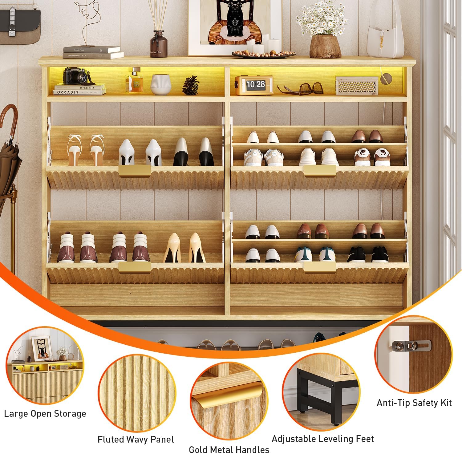 Fluted Shoe Storage Cabinet with 4 Flip Drawers, Narrow Freestanding Slim Shoe Organizer Cabinet for Entryway, Hidden Shoe Rack with Open Storage Space & LED Light for Hallway or Foyer