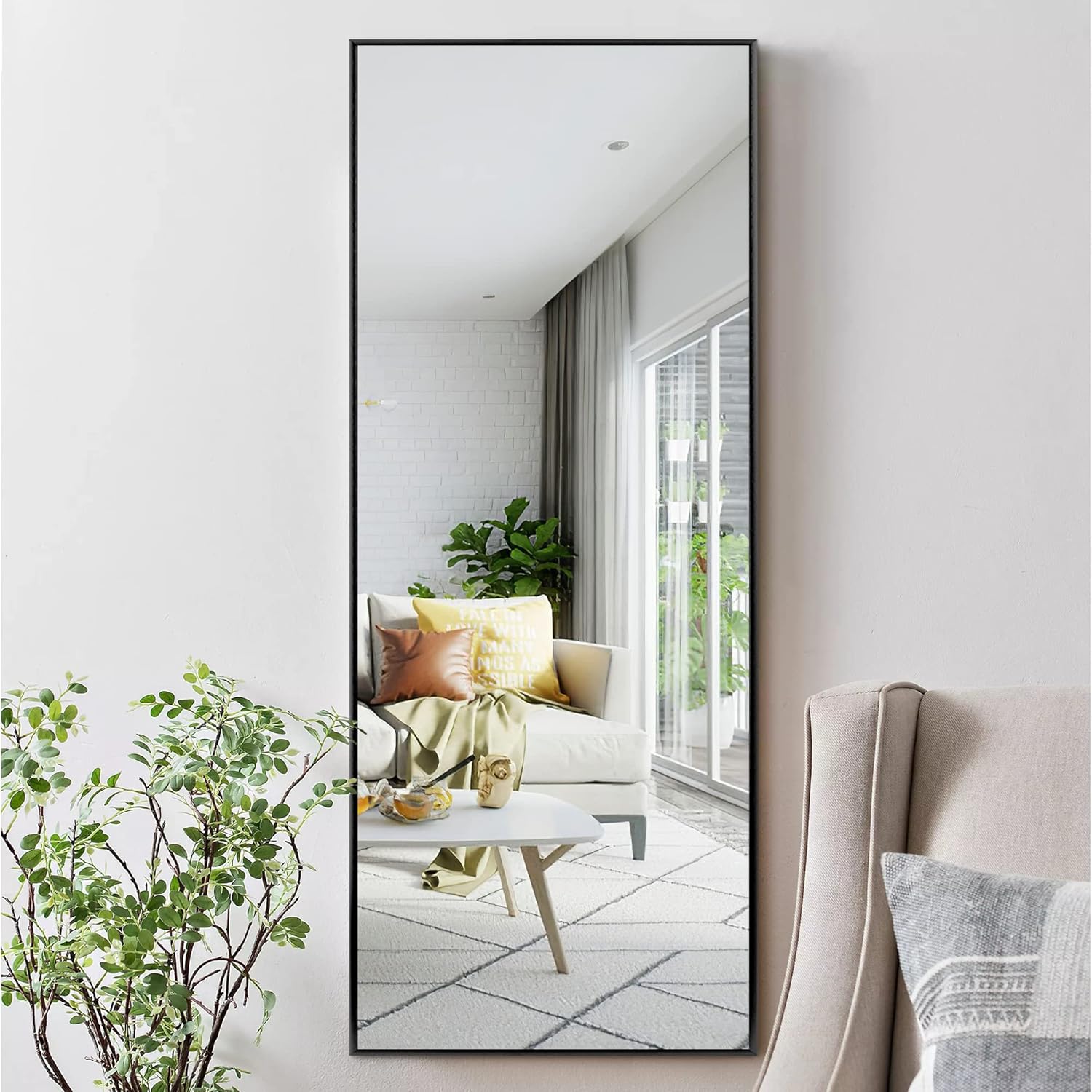 Full Length Mirror Standing Hanging or Leaning Against Wall, Large Rectangle Bedroom Mirror Floor Mirror Dressing Mirror Wall-Mounted Mirror, Aluminum Alloy Thin Frame, White, 65"x22" : Home & Kitchen
