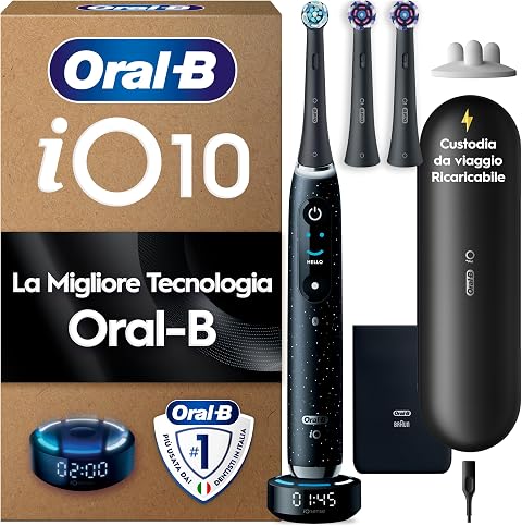 Oral-B iO 10 Spazzolino Elettrico, 3 Testine di Ricambio, Custodia, Nero - 3 Testina di Ricambio per Spazzolino Elettrico, Ricaricabile, Custodia da Viaggio Ricaricabile, Pulizia Denti Efficace