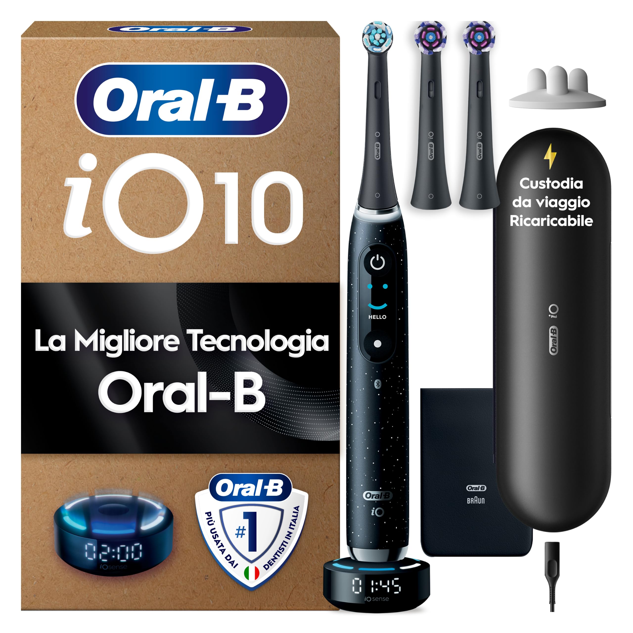 Oral-B iO 10 Spazzolino Elettrico, 3 Testine di Ricambio, Custodia, Nero - 3 Testina di Ricambio per Spazzolino Elettrico, Ricaricabile, Custodia da Viaggio Ricaricabile, Pulizia Denti Efficace