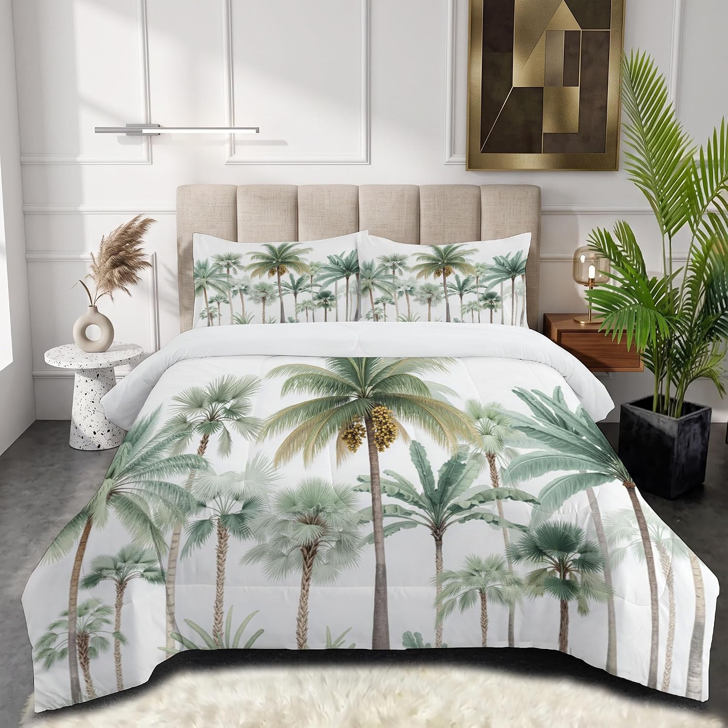 Tropical Style Quilt Set Queen 3 Pieces, Pale Green Quilts Bedding Set Watercolor Palm Tree Bedspread Bed Cover Lightweight Spring Summer Beds Coverlet for All Season - 90"X90"
