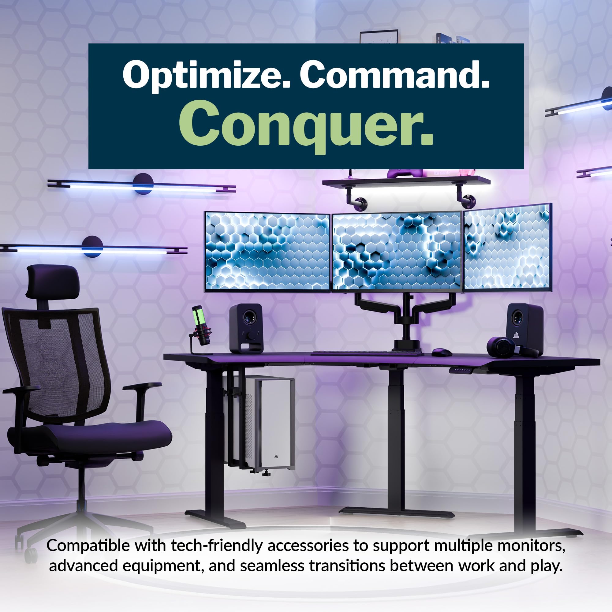 Vari Command Center Electric Standing Desk 120 Curved Sit-Stand Gaming Desk Corner Workstation for Triple Monitors Sloped Front — view 3