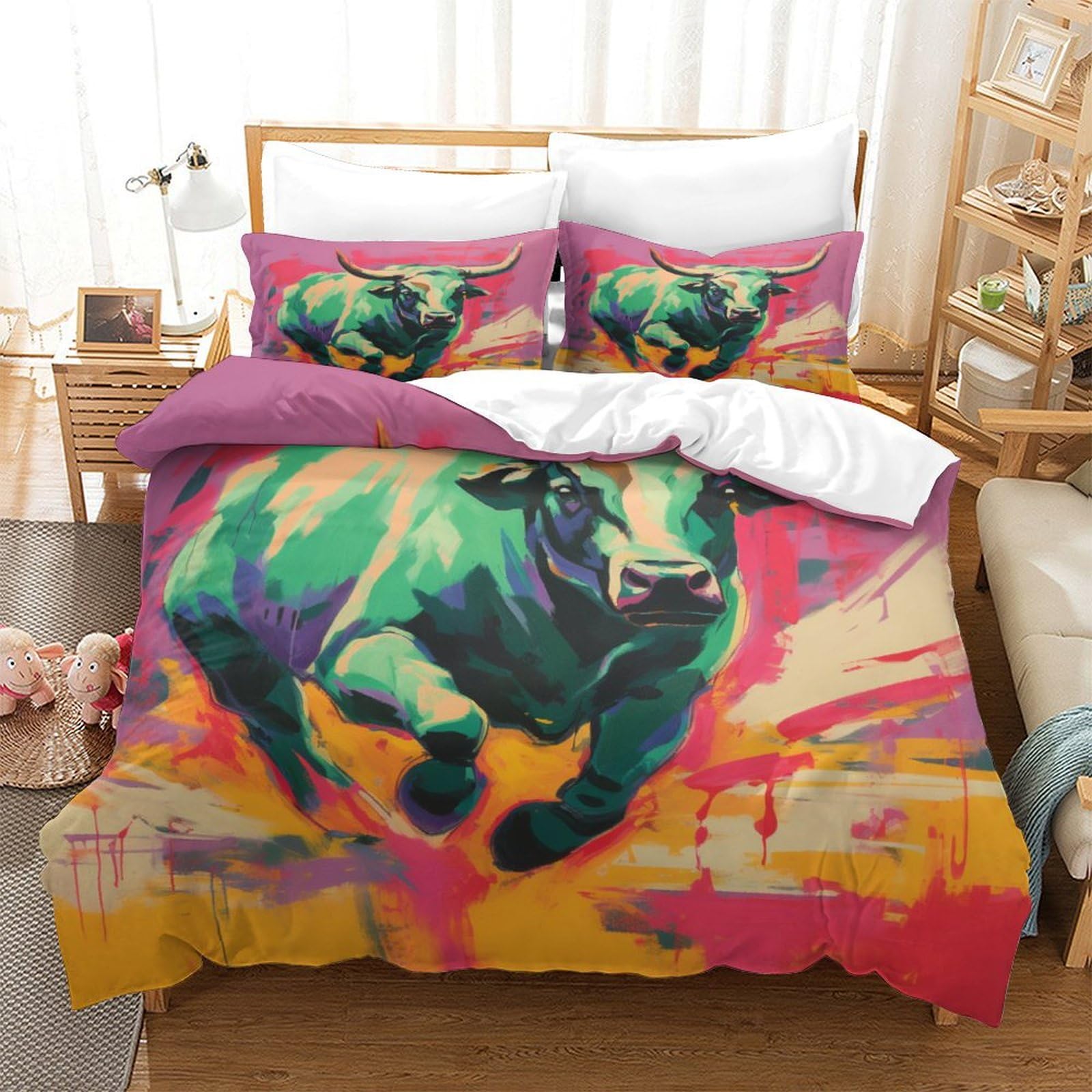 Parure de lit 3 pièces 260x220 taies d'oreiller microfibre respirante motif yak