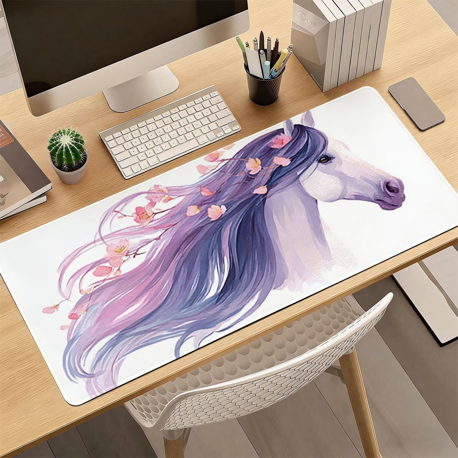 Tappetino Mouse XXL, 70x140cmx3mm Mouse Pad Impermeabile Grand, Gaming Tappetino Per Mouse, Base Antiscivolo in Gomma, Accessori Scrivania, Ufficio Accessori, Cavallo Bianco Capelli Lunghi JX6B-821