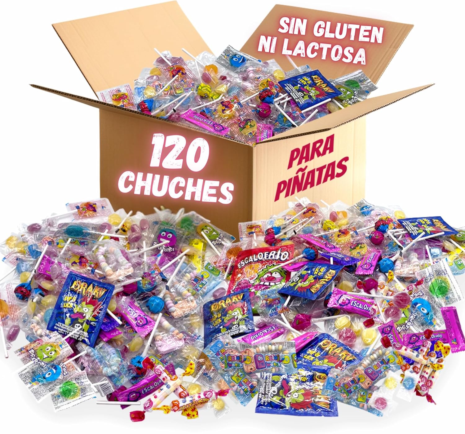 Mega Pack 120 Chuches Cumpleaños. Chuches Relleno Piñata. Chuches Sin Gluten ni Lactosa. Gominolas. Golosinas. Pack Chuches. Chuches Piñata. Chucherias Relleno Piñatas de Cumpleaños Infantil. MANLOZ