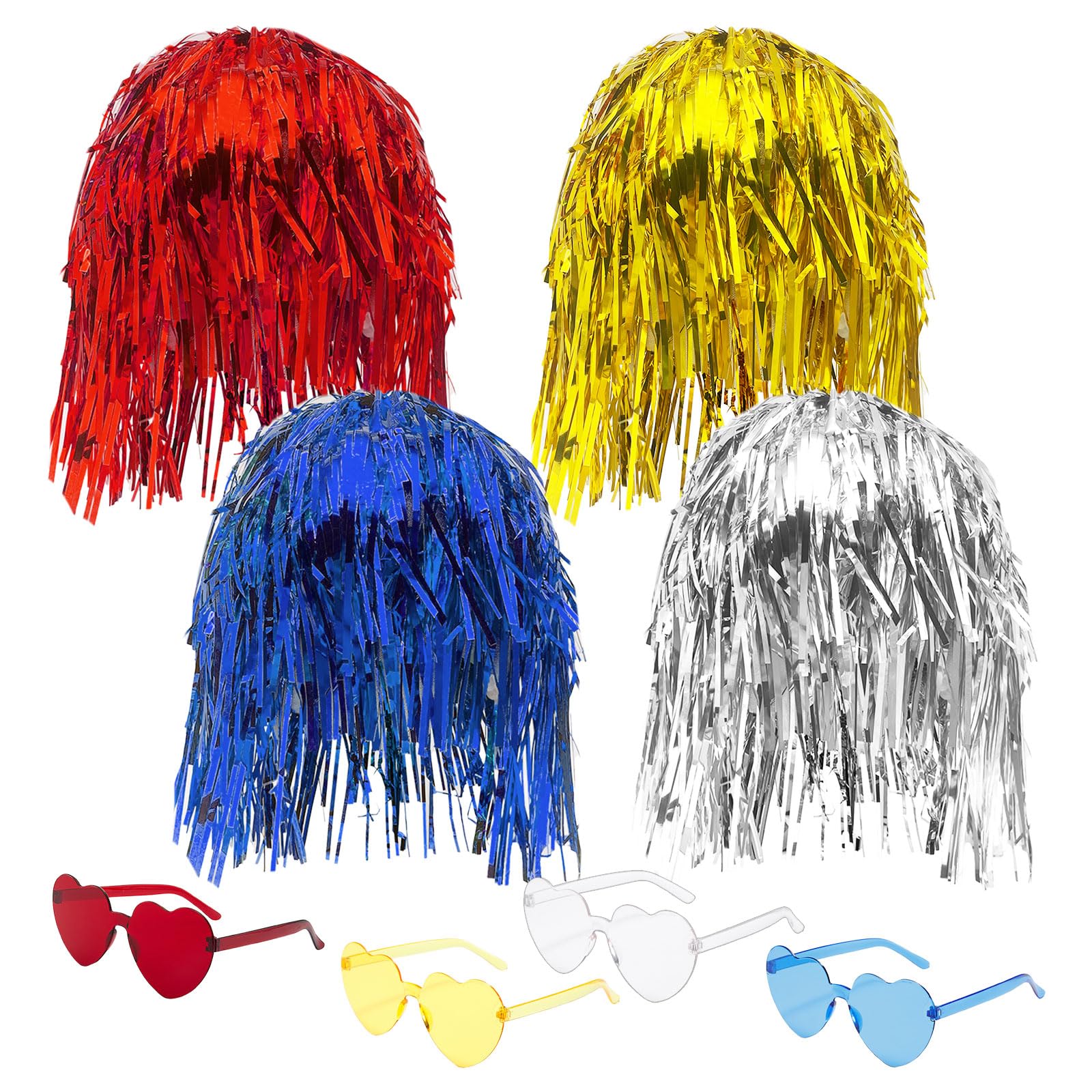 YAUOIPI 8 Pcs Foil Tinsel Wig and Sunglasses Set,Foil Strands Foil Shiny Party Wig,Cosplay Wigs for Fancy Dress,for Adults Men Women Cosplay Christmas Halloween Photo Props (8 PCS)