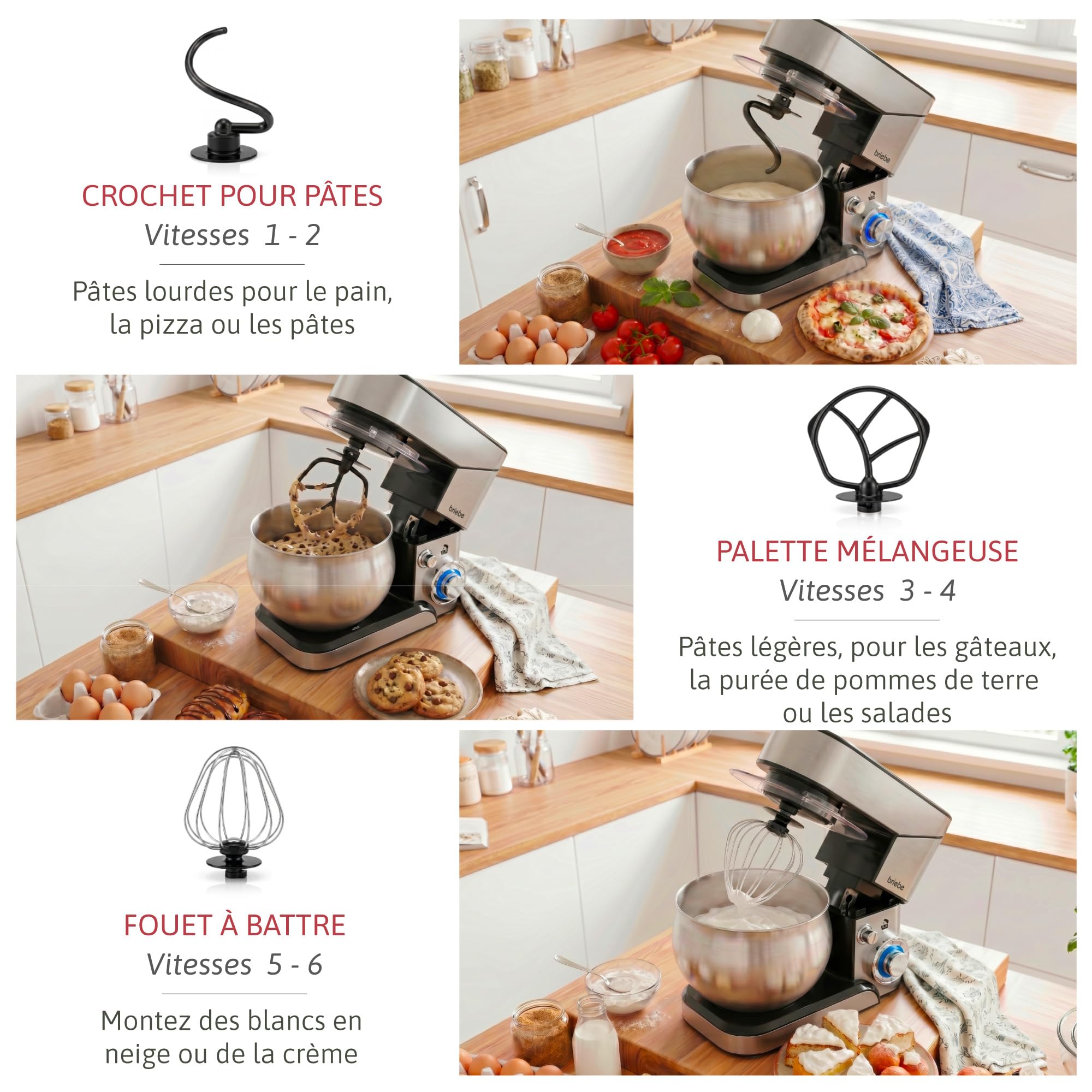 briebe Robot Pâtissier Professionnel, Boulangerie 1800W MAX Cuisine Ménager Multifonction Mouvement Orbital, Fouet, Bol 5 L, 6 Vitesses + Fonction Pulse, Inox KM1114