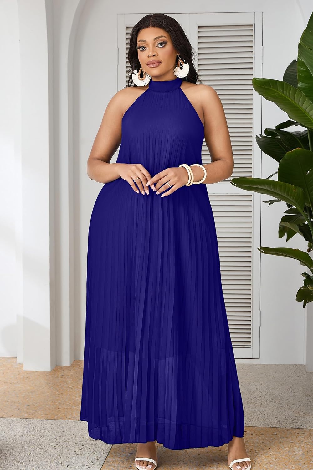 FANDEE Maxi Dress for Women Plus Size Casual Sleeveless Chiffon Halter Neck Pleated Loose Long Dresses - Image 3