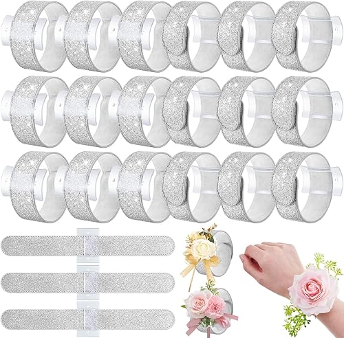18 Pieces Slaplet Wrist Corsage Bracelets Wristlet Band Floral Corsage Slaplets Wedding Bracelets DIY Wrist Accessories for Bridesmaid Bridal Shower Party Prom(Sliver)