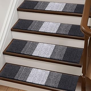 OLANLY Stair Treads Non Slip 4PCS, 8" x 30" Indoor Stair Runners for Wooden Steps, Edging Stair Rugs with Reusable Peel and Stick Adhesive for Kids Elders and Pets, Black