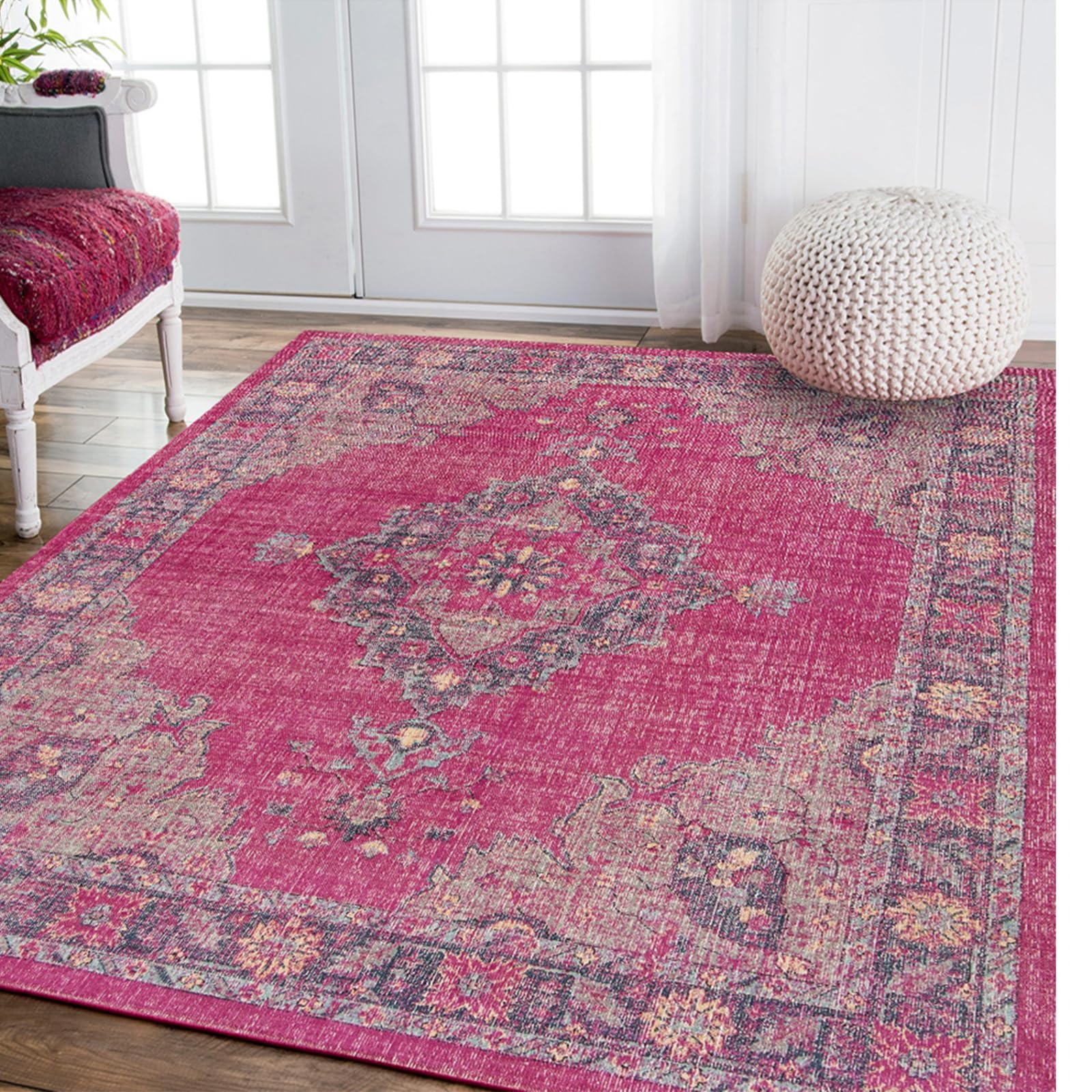 Rug-QJDDUP Kurzflor Teppich Wohnzimmer,Rot-rosa Florale Vintage-Shabby-Chic-Muster,Red Pink,120 x 170 cm, rutschfest Waschbarer Teppiche Modern Schlafzimmer Vintage Esszimmer,
