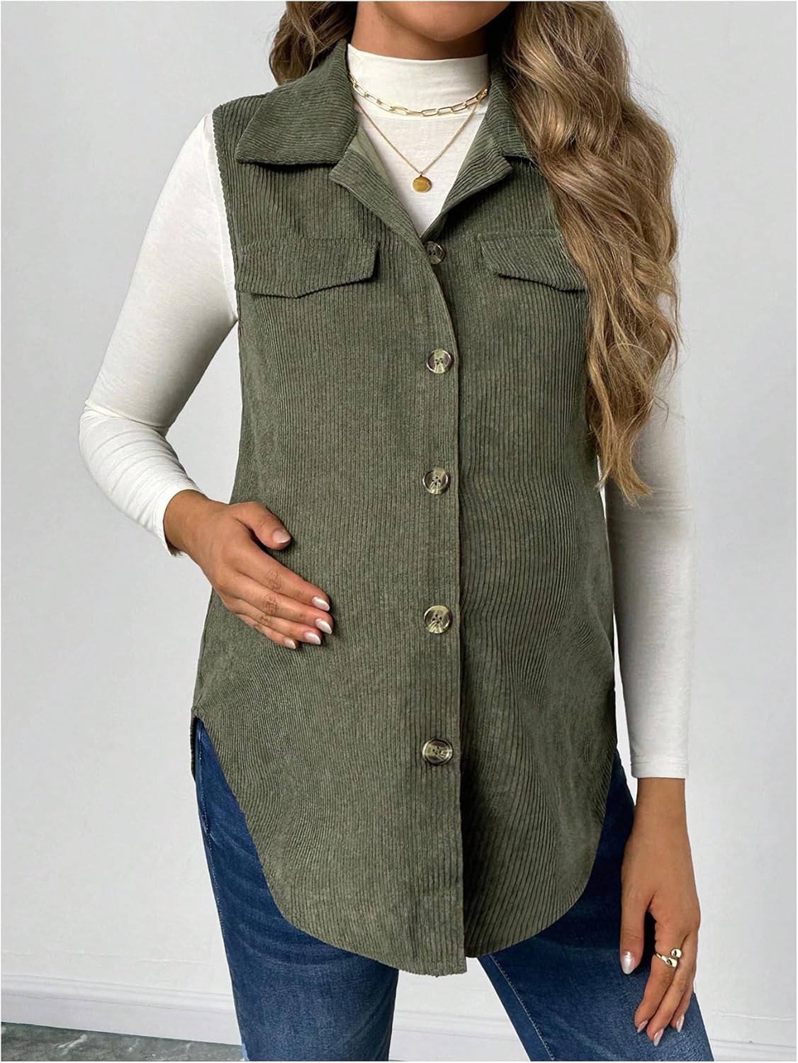 MakeMeChic Women's Maternity Vest Jacket Corduroy Sleeveless Button Down Jackets Blazer - Image 5