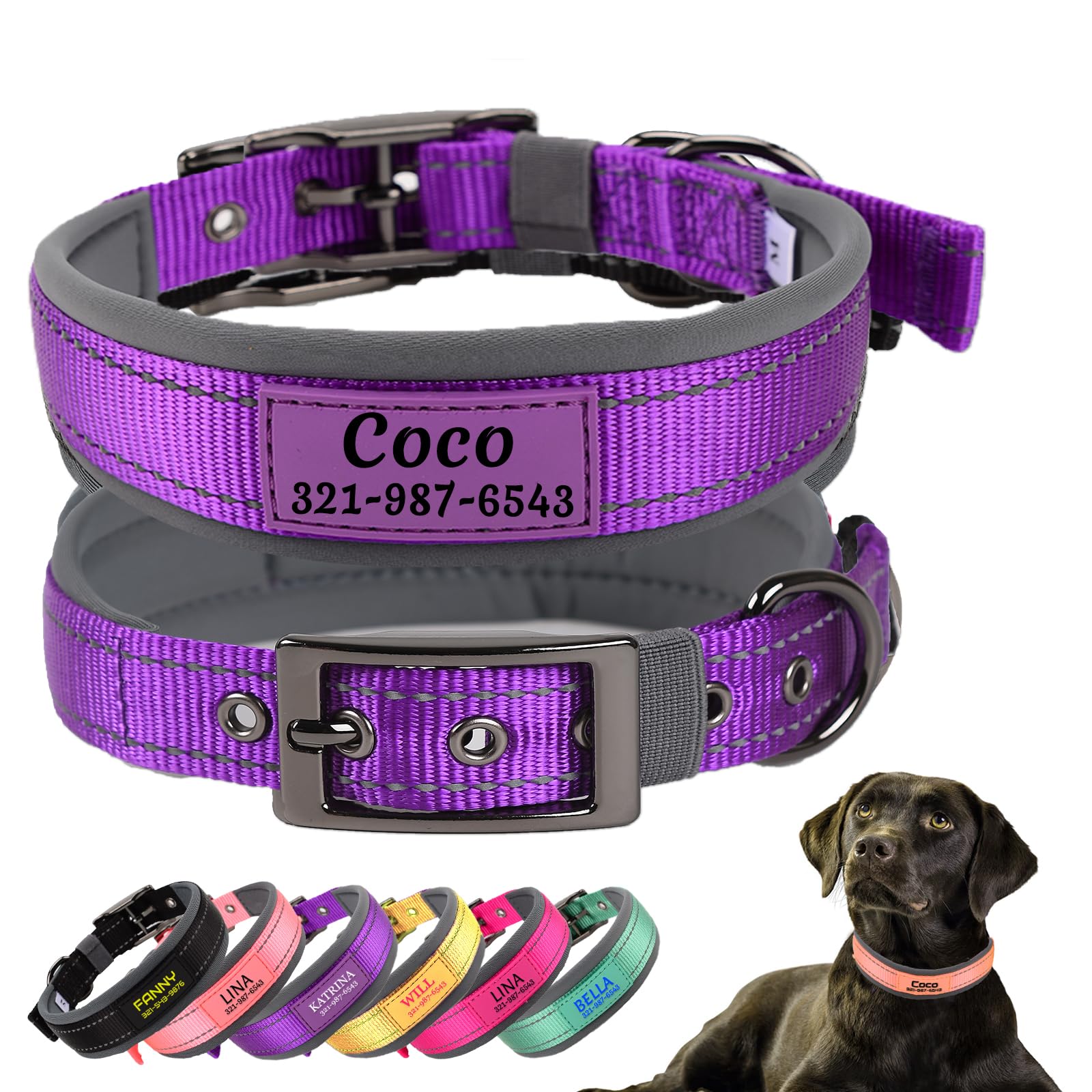 Personalized Dog Collars with Pet Name and Phone Number,Soft Neoprene Padded,Thick Strong Dog Collar,Adjustable Reflective Nylon Collar for Small Medium and Large Dogs,Purple
