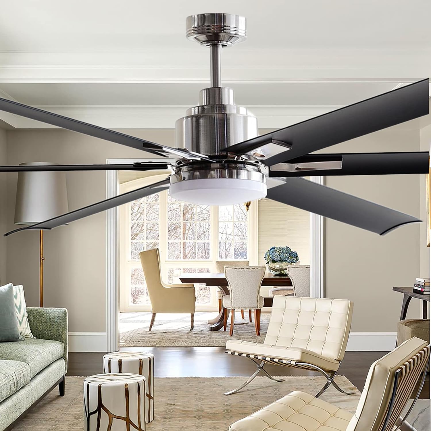 Ceiling Fans with Lights and Remote, 72 Inch Industrial Ceiling Fan for Living Room Bedroom Outdoor Ceiling Fans for Patios, LED Lighting Ceiling Fans, DC Motor Reversible 6 Blades, Brushed Chrome thumbnail