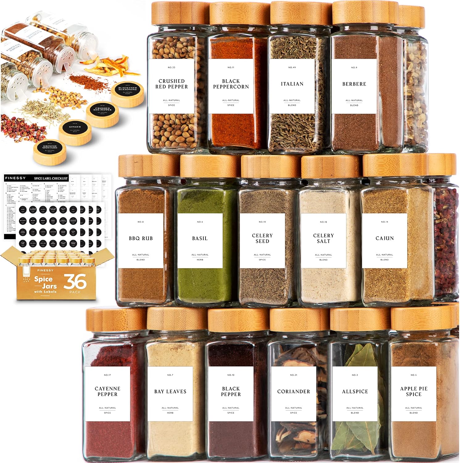 FINNESY 36-Piece Glass Spice Jar Set with Bamboo Lids and Labels