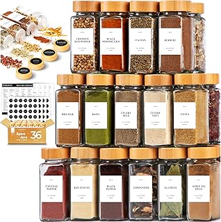 FINESSY Spice Jars with Label Organizer, 36 Seasoning Organizer Glass Spice Jars with Bamboo Lids, Seasoning Containers Set, Spice Containers with Labels, Spice Bottles Empty Glass With Labels