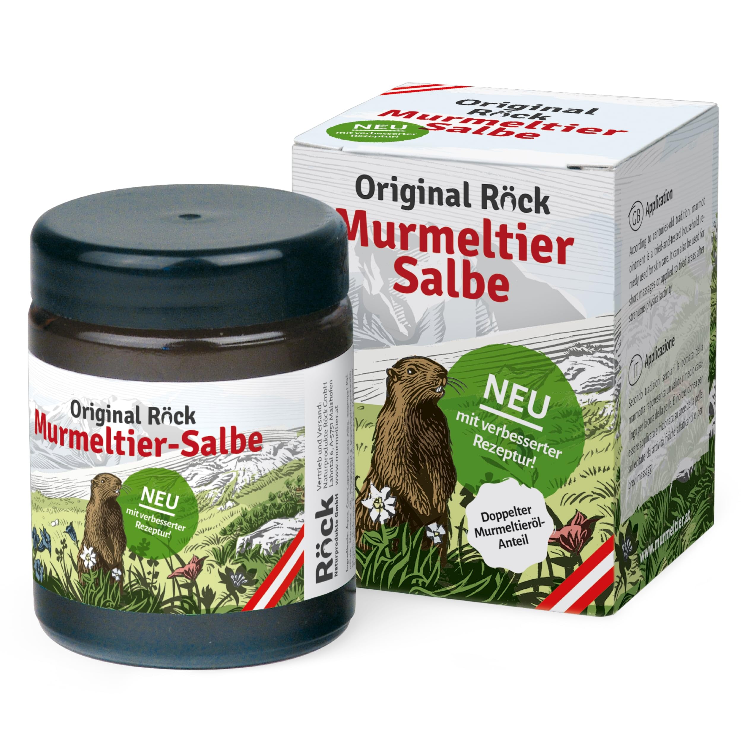 Pomata per marmotta originale Röck – l'unguento per marmotta più popolare nelle Alpi. Con formula migliorata e percentuale di olio di marmotta doppio