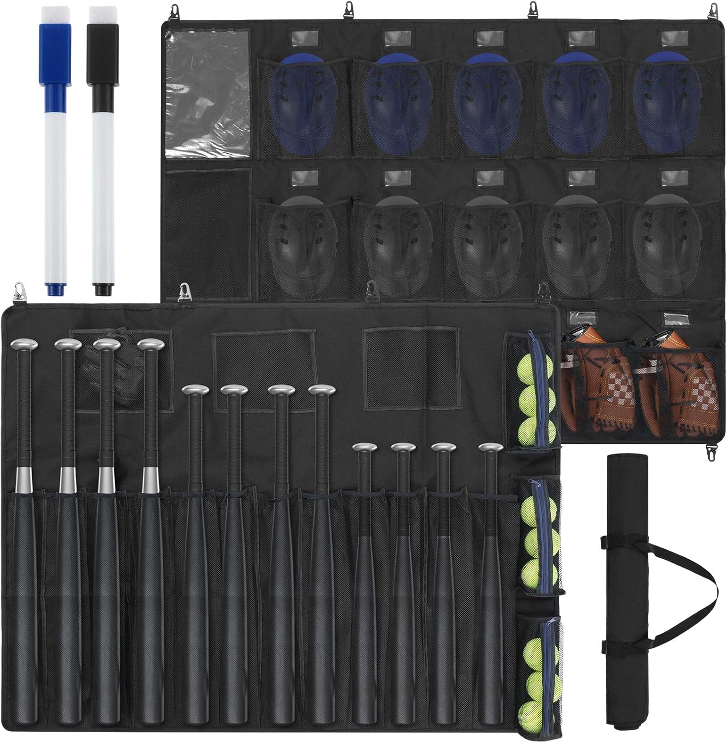 Woanger 15 Player Dugout Organizer and 12 Hanging Bat Bag Caddy Hanging Baseball Helmet Bag Baseball Bat Holder with Black and Blue Dry Erase Marker to Organize Equipment Gloves Balls