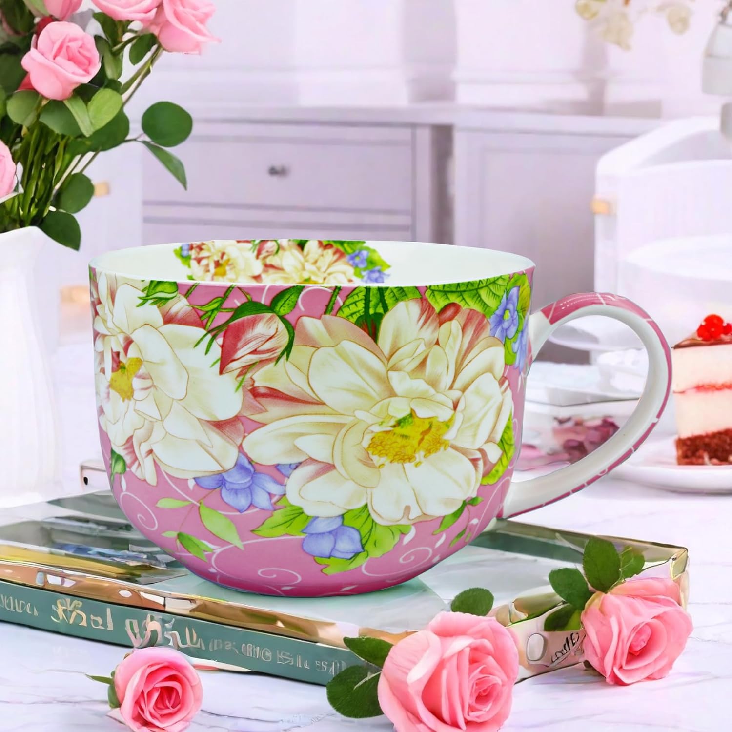 Large 25 Ounce Large Coffee Mug Soup Bowls with Handles Oversized Soup Mugs Bone China Soup Mug Cup Soup Bowl for Coffee Cereal Latte (pink Magnolia) - Image 3