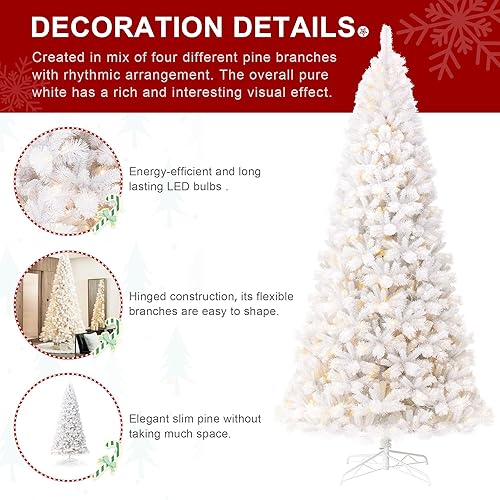 Miniatura 9 de Glitzhome Árbol de Navidad artificial delgado de pino blanco preiluminado de 10 pies con 800 luces blancas cálidas, árbol de Navidad grande para
