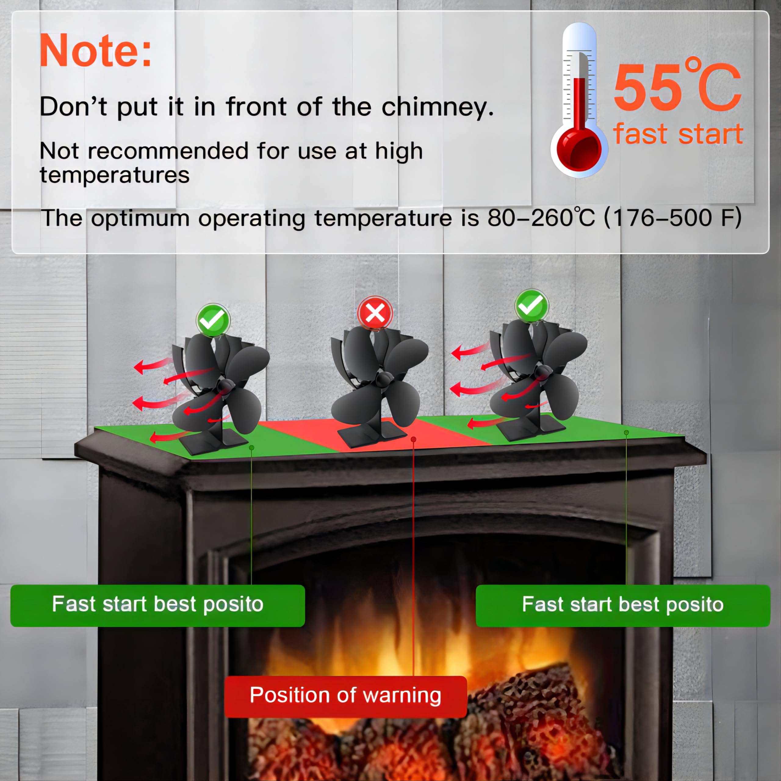 Kaminventilator, Ofenventilator Ohne Strom mit 4 Blättern Kaminbesteck, Leiser Betrieb Wärmebetriebener Ventilator für Kaminofen, Kamin Ventilator für Holzbrenner und Kamin