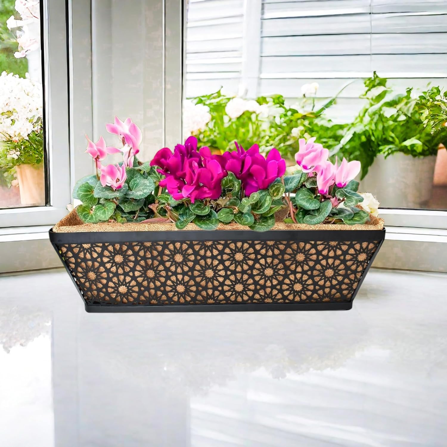 4 Pack 30" Railing Planter Window Box Deck Balcony Rail Planter Black Metal Flower Basket Horse Trough Planter with Coco Fiber Liner for Porch Fence Patio Outdoor