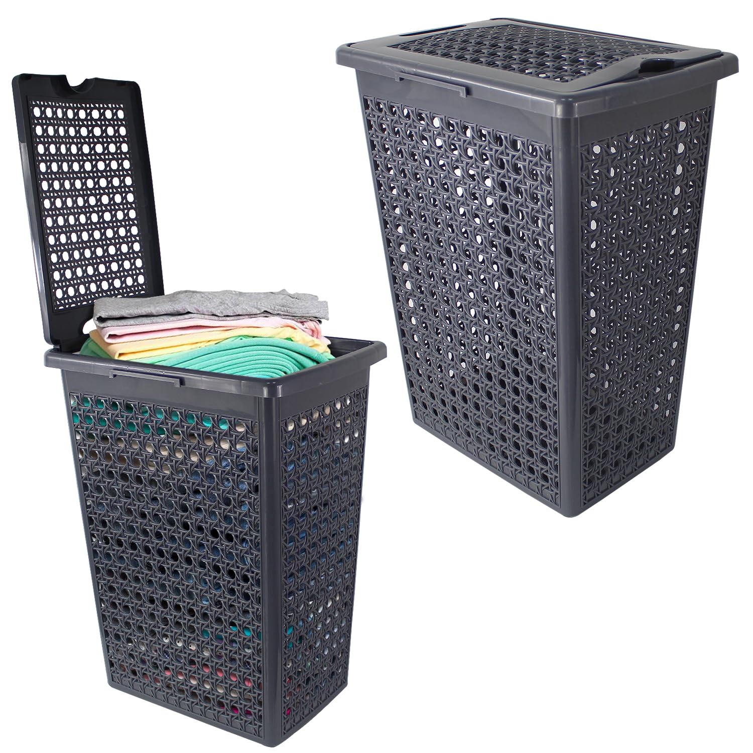 Daniel James Housewares Grey 48L Plastic Slimline Bathroom Washing Basket Laundry Linen Hamper Storage Clothes Bin Hinged Lid Rattan Style