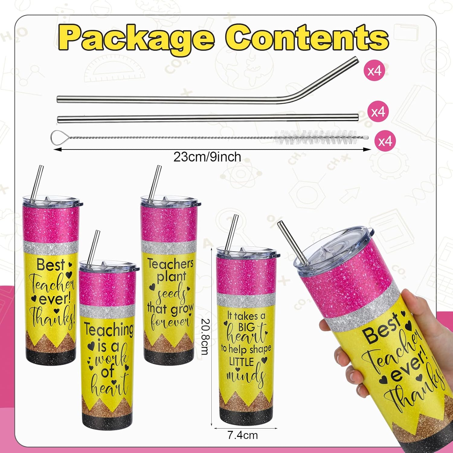 4 Pcs Teacher Gifts Teacher Appreciation Gifts Bulk 20oz Thank You Pencil Coffee Cup Stainless Steel Tumblerwith Lid for Women Birthday Party Favors - Image 3