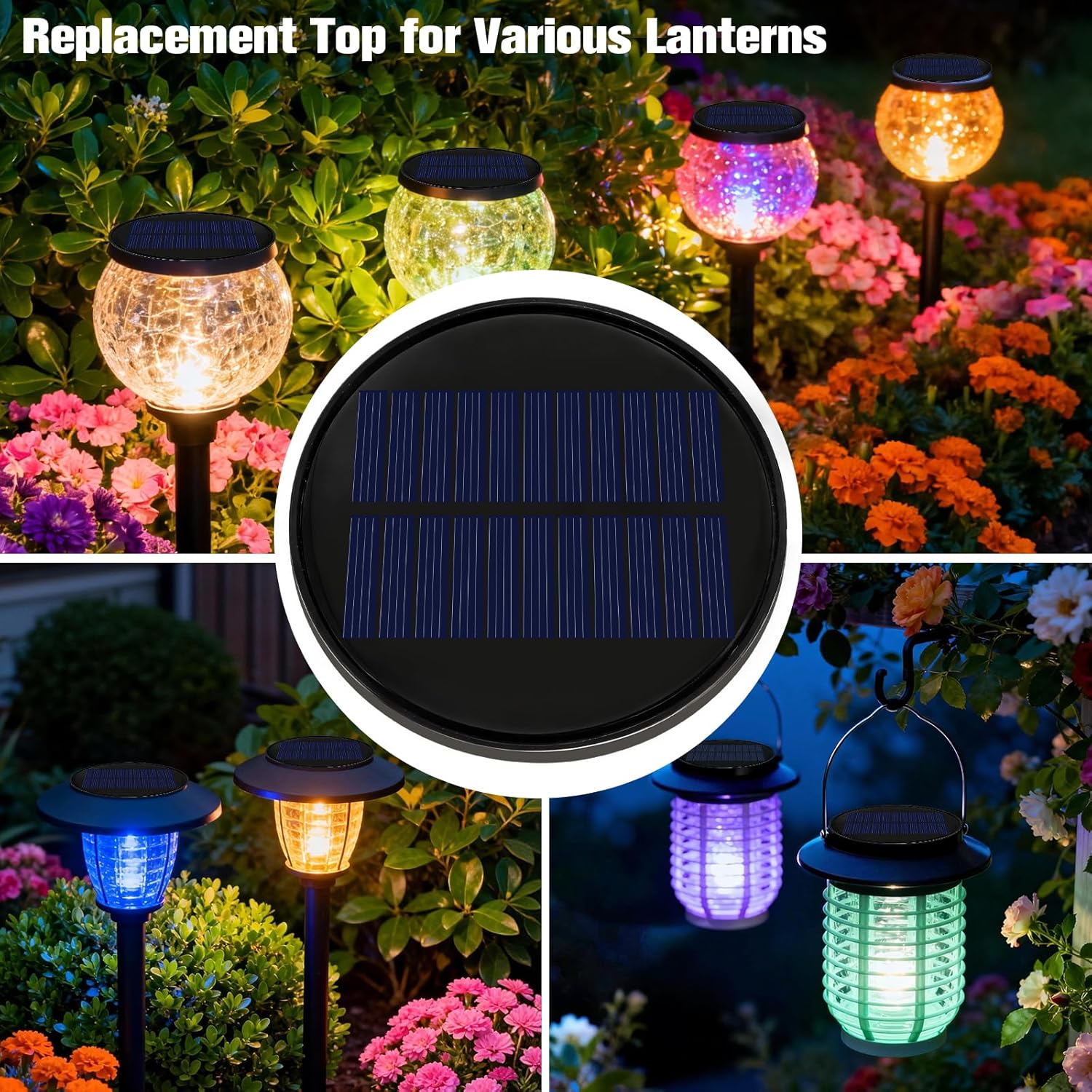 4 Pack Solar Lights Replacement Top Parts, 8 Colors Lantern Lid (Top 3.74 inch, Bottom 2.83 inch) 10 Lumens Lantern Lids Replacement Light for Hanging Solar Lanterns Outdoor Decorations Garden Patio