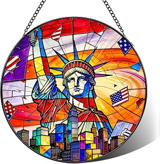 Statue of Liberty Stained Glass Window Hanging,IDEA SHOW 6.3 inch Patriotic American Flag Suncatcher for Indoor Window Decor, New York City Skyline Sun Catchers, 4th of July Independence Day Gift
