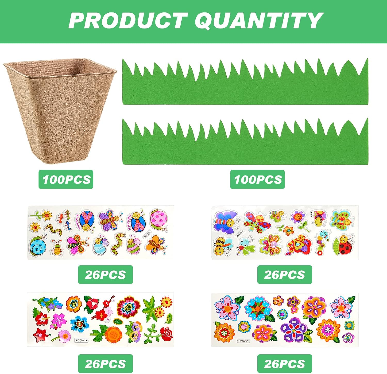 Gueevin 100 Pack Garden Paper Pot Craft Kit Flower Plant Spring Craft Including Peat Plant Pots Adhesive Foam Stickers Pot Stickers EVA Grass for Adults DIY Flower Planting Growing, Square